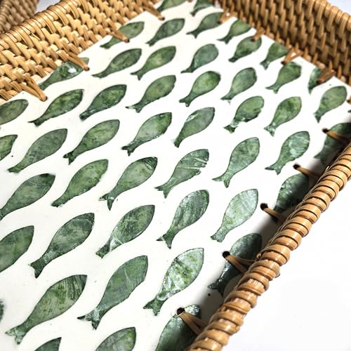 Narrow Rattan Bathroom Vanity Tray with Green Fish Mother of Pearl Inlay - Slim Rectangular Wicker Organizer for Toilet Tank Top, Guest Towels, Toiletries & Coastal Home Decor