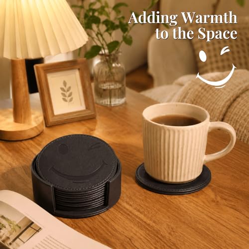 Coasters for Drinks Set of 6 with Holder, 6-Piece Leather Coasters with Embossed Smiley Designs - Durable Drink Coasters Set for Home, Bar, or Office - Black - color: Black