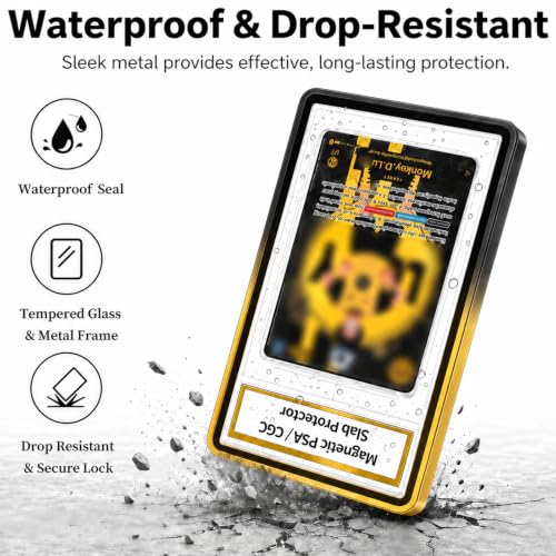 Magnetic PSA/CGC Slab Protector with Foldable Kickstand - UV Protection Tempered Glass & Aluminum Metal Bumper for 35PT PSA CGC CSG AGS, 9-Point Secure Lock Display Guard & Clear View (Black/Gold) - color: Black/Gold, size: PSA Card Case