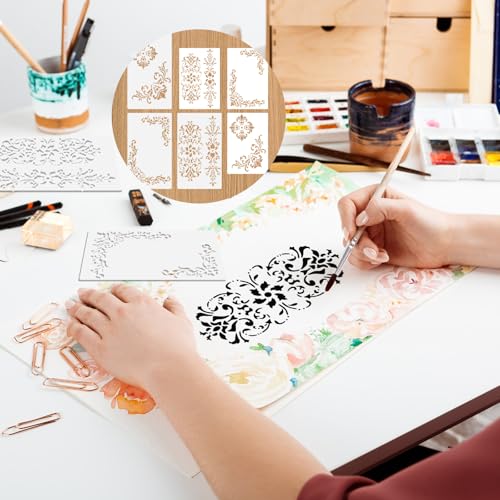 6 Pcs Vintage Border Stencil, Floral Corner Stencils for Painting, Reusable Corner Template for Furniture, Scrapbook, Drawing, DIY Craft