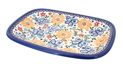 Blue Rose Polish Pottery - Yellow Butterfly Small Rectangular Serving Platter - 9.75" x 7" - Unique Platter for Dinner Parties, Very Durable & Dishwasher Safe