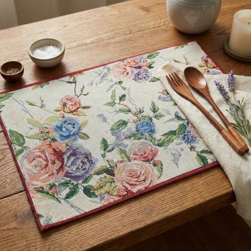 DaDa Bedding Vintage Romantic Roses Floral Dining Table Placemats - Set of 4-Pieces Tapestry Lovely Valentine Blossoms Spring Summer Garden - Decorative Linen Woven Kitchen Mats - 13” x 19” (879) - color: Romantic Roses