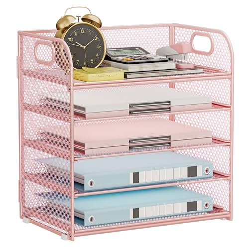 5-Tier Stackable Paper Organizer with Handle, Pink - color: Pink, size: 12.6" x 9.1" x 13.4"