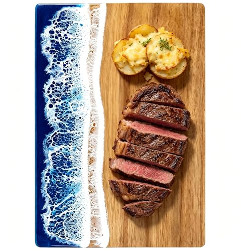 Ocean Resin Charcuterie Board, Acacia Wood & Resin Cutting Board, Decorative Serving Platter for Cheese, Fruit, Snacks, Beach Themed Kitchen Gift for Party, Holiday, Birthday（blue） - color: blue ocean
