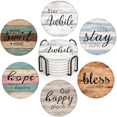 Britimes Coasters for Drinks, Set of 6, Ceramic Stone, Wooden - color: Retro 3