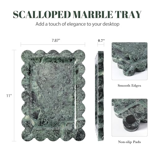 Koville Scalloped Marble Tray, 11"x8" Marble Vanity Tray for Countertop Bathroom Kitchen Dresser, Natural Stone Tray for Jewelry Perfume Home Decor, Decorative Catchall Trays(Green) - color: Green, size: 11" x 7.9" x 0.7"