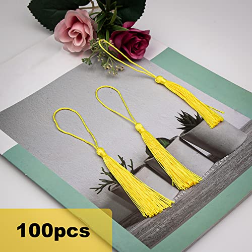 VAPKER 100 Pieces Light Yellow Color 13cm/5-Inch Silky Handmade Soft Tassels Floss Bookmark Tassels with 2-Inch Cord Loop for Jewelry Making, DIY Projects, Bookmarks - color: Z5:light Yellow