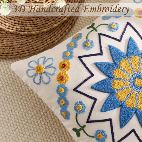 Embroidered Floral Throw Pillow Cover 20x20 Set of 1 Blue Orange - color: Blue Orange, size: 20" x 20" (Pack of 1)