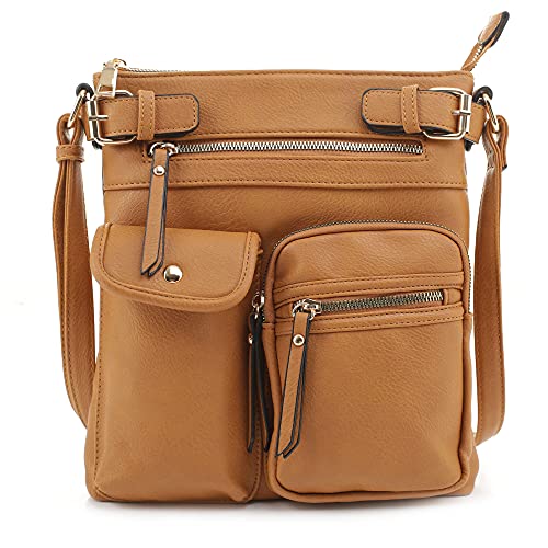 SG SUGU Katie Lightweight Medium Crossbody Bag Shoulder Bag with Multi Pocket for Women - color: Cognac