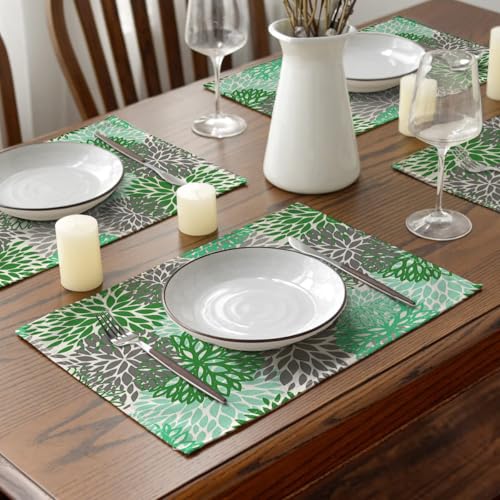 Ansouyi Placemats Set of 6, Green and Gray Dahlia Flower Washable Heat Resistant Linen Table Mats, Kitchen Decor Non-Slip Place Mats for Party Dining, 12x18 Inch - color: Green and Gray