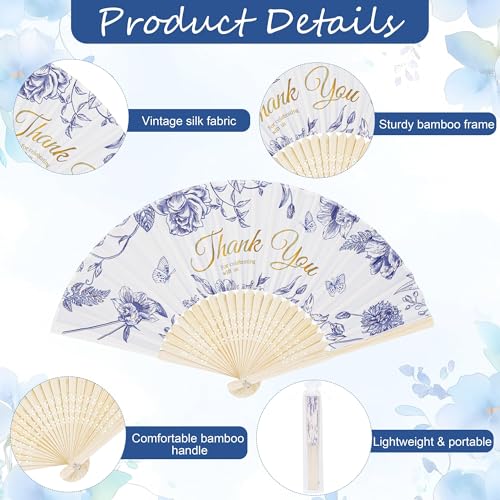 Aneco 30 Sets Blue Flower Wedding Folding Fans, Blue Floral Bamboo Handheld Folding Fans with Organza Bags Table Sign, Thank You Vintage Silk Handheld Fan for Bridal Shower Wedding Party Decorations - color: Blue Flowers