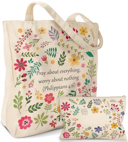 Miss Adola Canvas Tote Bag with Matching Makeup Pouch - color: Bible Blossoms