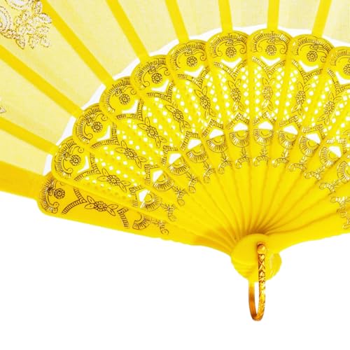 QIRMIZI 10 Pack Folding Handheld Fans,Silk Spanish Fan, Perfect for Weddings, Parties, and Dancing,Yellow - color: Yellow, size: 10 PACK