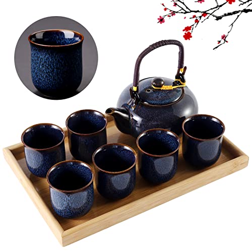 DUJUST Japanese Tea Set for 6, Kiln Altered Glaze Porcelain Tea Set with 1 Teapot, 6 Tea Cups & 1 Tea Tray, Unique Chinese Tea Sets for Adults/Tea Lovers/Women/Men, Dark Blue - color: Teasets - DarkBlue