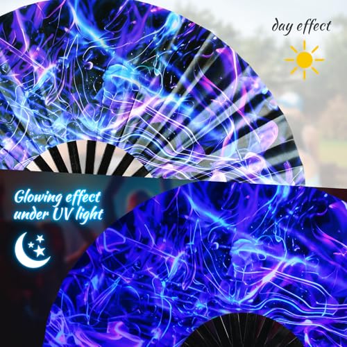 SYNTECSO Folding Hand Fan for Rave, UV Glow Clack Fan - color: Light Wave