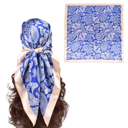 35 Inches Silk Head Scarf-Satin Hair Scarves Silk Bandana Scarf Headscarf for Women's Fashion Scarves - color: Medium Cashew Nut - Blue