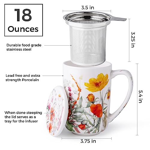 AmorArc Tea Cup With Infuser and Lid, 18oz Loose Leaf Tea Mug With Steeper - color: Tulips