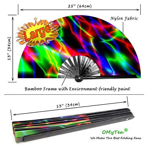 OMyTea Large Rave Clack Folding Hand Fan for Men/Women - Chinese Japanese Bamboo Handheld Fan - for EDM, Music Festival, Club, Event, Party, Dance, Performance, Decoration, Gift (Neon Lights) - color: Neon Lights
