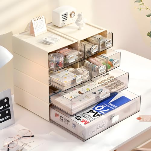 Desktop Storage Drawers, Plastic Countertop Printer Paper Organizer - color: 4 Mixed Drawers, Cream