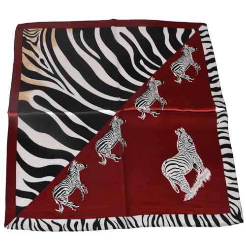Women 100% Mulberry Silk Neck Scarf 21" Square Floral Neckerchief - color: Burgundy+zabra Print