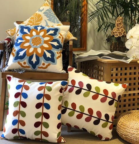 Boho Embroidery Cushion Covers 18x18 Set of 2- Floral Cotton Throw Pillow Covers for Farmhouse Decor, Decorative Outdoor Throw Pillows for Couch Sofa Livingroom Yellow & Orange - color: Sunflower and Leaf