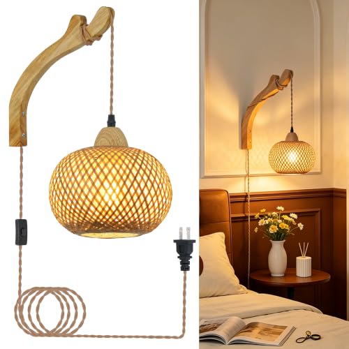 Frideko Bamboo Lantern Plug in Wall Sconces Wicker Wall Lamp with Plug in Cord Hand Woven Rattan Wall Light Farmhouse Rustic Wall Sconces Boho Sconces Wall Lighting for Living Room Bedroom - color: Orange(1PC)