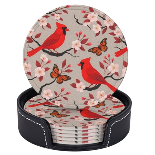 6 Pcs Leather Coasters for Drinks with Holder Birds Bloom Cherry Flowers Coaster Sets Drink Table Cup Coasters for Kitchen Coffee Decor - color: Red Birds Cherry Flowers