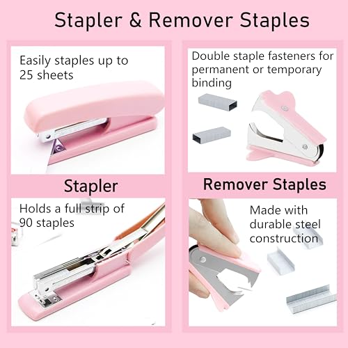 Pink Office Supplies, Pink Desk Accessories, Stapler, Staple Remover, Tape Holder, Pen Holder, Ballpoint Pen, Scissor, Binder Clips, 1000pcs Staples, Phone Holder, Ruler, Transparent Glue and Notes - color: Pink