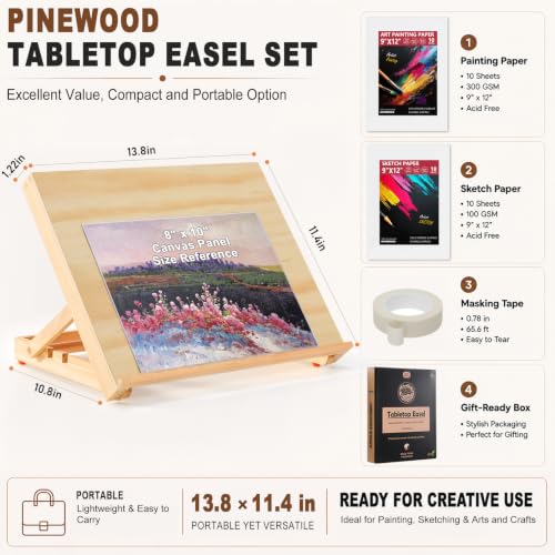 13.8"x11.4" Wooden Tabletop Easel with Paint & Sketch Papers, Masking Tape