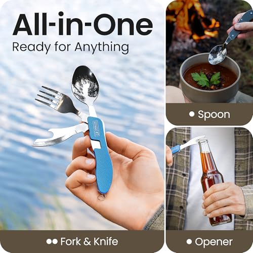 Orblue 4-in-1 Camping Eating Utensils, 2-Pack - Portable Spoon, Fork, Knife & Bottle Opener Combo Set - Stainless Steel Flatware with Detachable Fork - Travel, Backpacking Cutlery Multitool, Blue - color: 2-PACK Ultramarine Blue