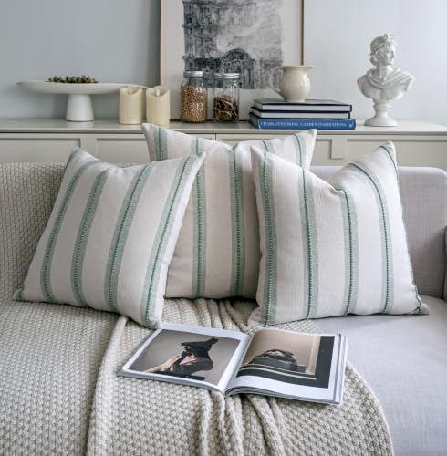 Cethom Boho Throw Pillow Covers 18x18 Set of 2, Sage Green Striped Decorative Pillow Cases for Couch Chair Bed, Textured Farmhouse Modern Accent Cushion Covers for Living Room Bedroom Sofa Home Decor - color: Sage Green, size: 18" x 18" (Pack of 2)