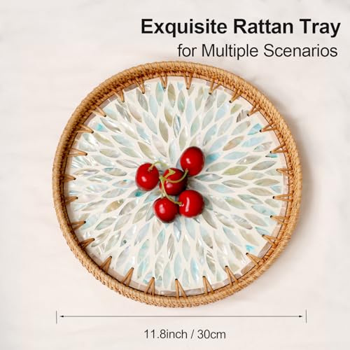 Round Rattan Tray with Mother of Pearl Inlay, Rattan Serving Tray for Coffee, Bread, Fruits, Decorative Wicker Tray for Table Decor, Home Decor, Kitchen Island Decor (Ambilight, 11.8")
