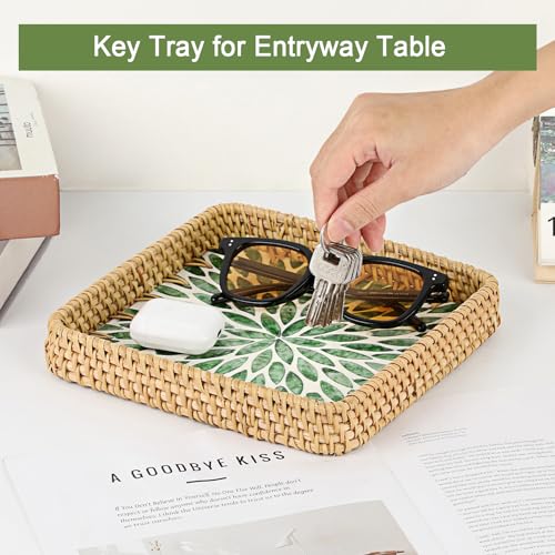 Key Basket Bowl for Entryway Table, Decorative Small Wicker Tray - color: Green, size: 8.3" x 8.3" x 1.6"