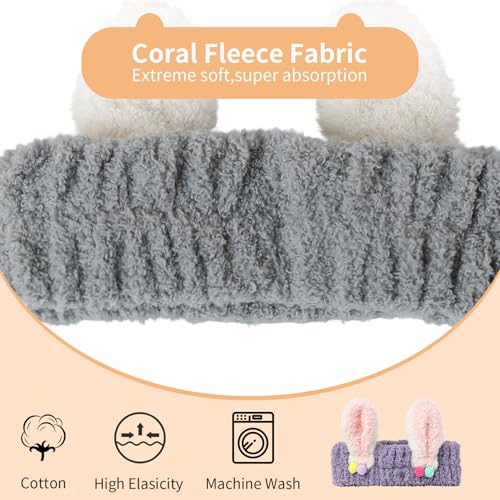 PERFECTSIGHT Kawaii Headband for Spa, Makeup, Washing Face, Party - 2 Pack Cute Hair Band for Shower Beauty Skincare, Soft Facial Headbands for Girls and Women (Purple+Gray Rabbit Ear) - color: Purple+Gray Rabbit Ear