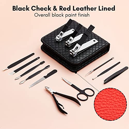 FAMILIFE Nail Kit, Professional Manicure Set Manicure Kit Nail Clipper Set, 13 in 1 Stainless Steel Pedicure Sets Clipper Tool, Men Grooming Tool with Portable Black Leather Travel Case for Him - color: Black