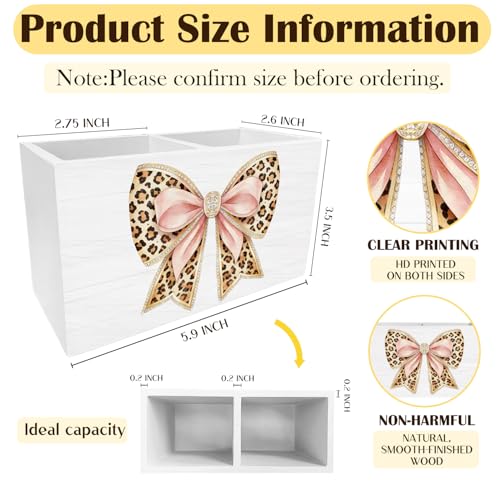 Coquette Pink Leopard Bow Pen Holder for Desk, Preppy Girly Pencil Organizer, Trendy Cheetah Print Bow Wooden Box Sign Desk Decor for Girls Bedroom Dorm Home Office Decoration - color: Pink Leopard Bow