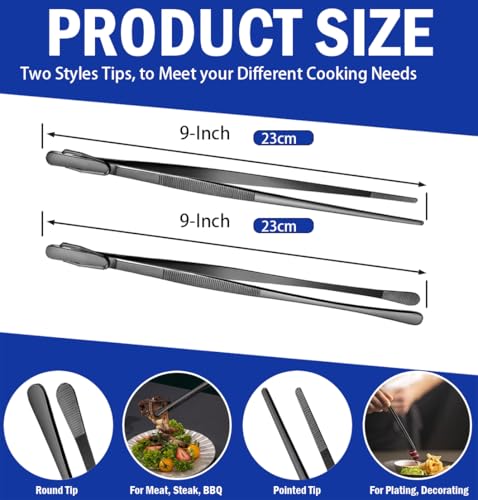 JETKONG 2 Pcs 9-Inch Food Tweezer Tongs, Stainless Steel Kitchen Tweezer Cooking Tweezers (Black) - color: Black, size: 9+9 Inch