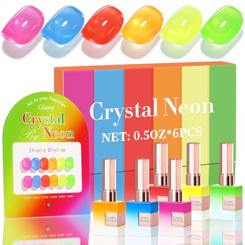 Double Rhythm 6 Pcs 15 ML Gel Polish Set Same Color Same Bottle Soak Off Gel Polish Kit Nail Art Manicure Salon DIY at Home for Women (Jelly Neon Pink Blue Red Green-T6-26) - color: Crystal Neon