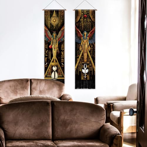 PLIGREAT 2 Pack Egyptian Tapestry with Tassels, Ancient Egypt Goddess Art Wall Hanging Vertical Narrow Egypt Civilization Home Wall Tapestry for Bedroom Living Room, 52" x 13" - color: yellow,brown