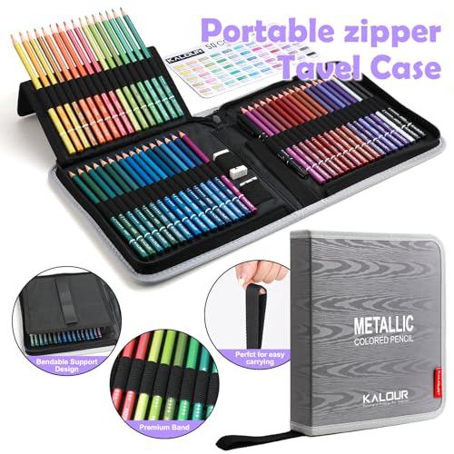 KALOUR PDAS 55 Piece Metallic Colored Pencils for Adults, Premium Artist Colored Pencils, Soft Core Coloring Pencils for Adult Coloring Books, Metallic Pencils Set for Drawing, Sketching, Blending
