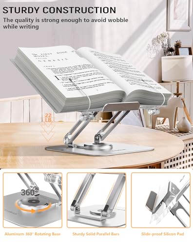 ACIsland Acrylic Book Stand for Reading-Adjustable Holder with 360° Rotating Base & Page Clips- Foldable Desktop Ricer for displaying Cookbook-Sheet Music-Laptop-Recipe-Textbook-Hands Free-Aluminium