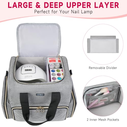 LEFOR·Z Nail Polish Organizer Holds 80+ Bottles,Nail Polish Carrying Case with 2 Removable Bags,Nail Organizers and Storage for Nail Tech,Nail Polish Supplies Holder,Mother Day Gift for Women Grils - color: Grey