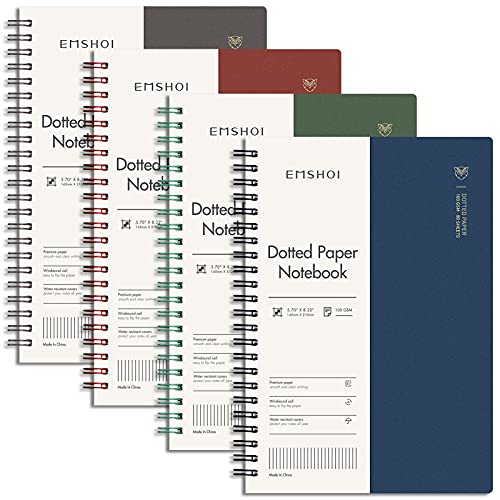 EMSHOI Dotted Spiral Journal Notebook, 4 Pack, 640 Pages, A5 (5.7" x 8.2") - color: Brown Red Green Blue, style: A5-Dotted