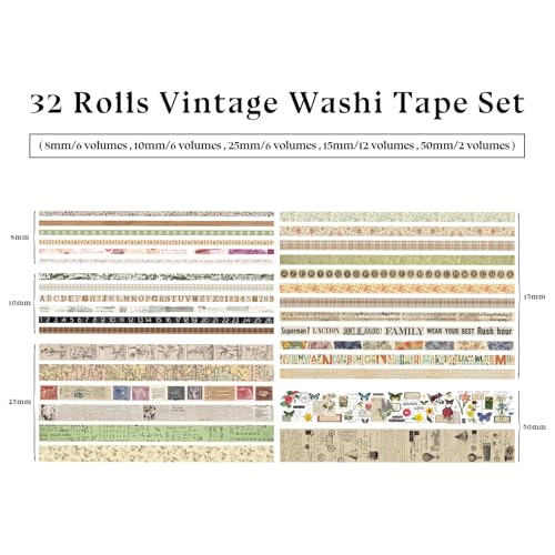 32 Rolls Vintage Rainbow Washi Tape Set Aesthetic Decorative scrapbook Tape - color: Brown vintage