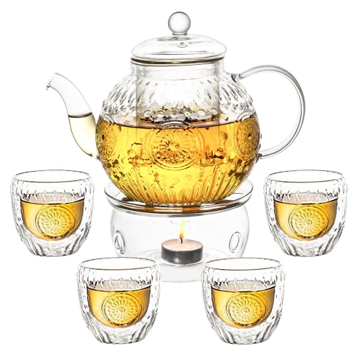 Bandesun Vintage Glass Teapot Set with 4 Cup, 32oz Borosilicate Tea Pot with Removable Infusers for Blooming and Loose Leaf Tea, Tea Warmer with Candlelight, Stovetop Safe, Gift for Women and Adults - size: 32oz (with Warmer & 4 Cups)