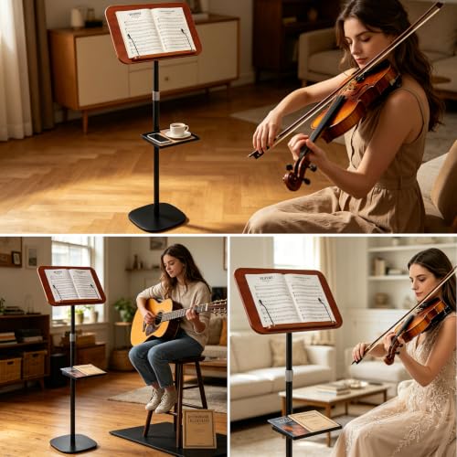 Adjustable Wood Music Stand, 2 in 1 Floor Book & Cookbook Stand with Tray