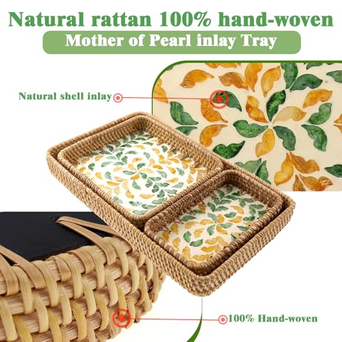 3 Pcs Rectangle Rattan Mother of Pearl Inlay Wicker Decorative Serving Tray - color: Yellow Green Wicker