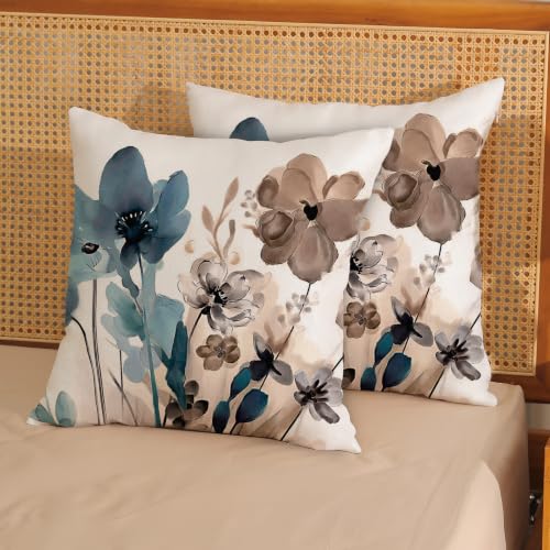 Floral Pillow Covers 18x18 Set of Brown Blue Flower Throw Pillow Covers Outdoor Decoration,Spring Summer Floral Decor Pillowcase Farmhouse Linen Decorative Cushion Cover for Home Sofa Couch - color: Watercolor-floral-blue Brown, size: 18" x 18" (Pack of 2