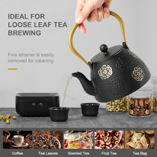 Ufine Cast Iron Teapot with Stainless Infuser Enameled Interior 40oz/1200ml - color: Black Sakura