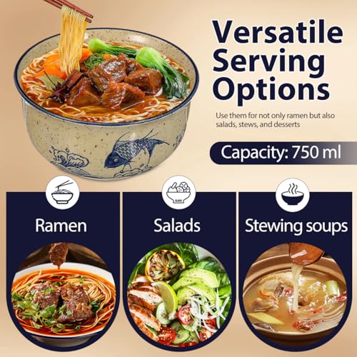 CALLARON 26 oz Ceramic Ramen Bowl Set of 2 with Lids, Spoons and Chopsticks